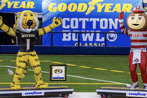 These Cotton Bowl mascots are crafted from car tires